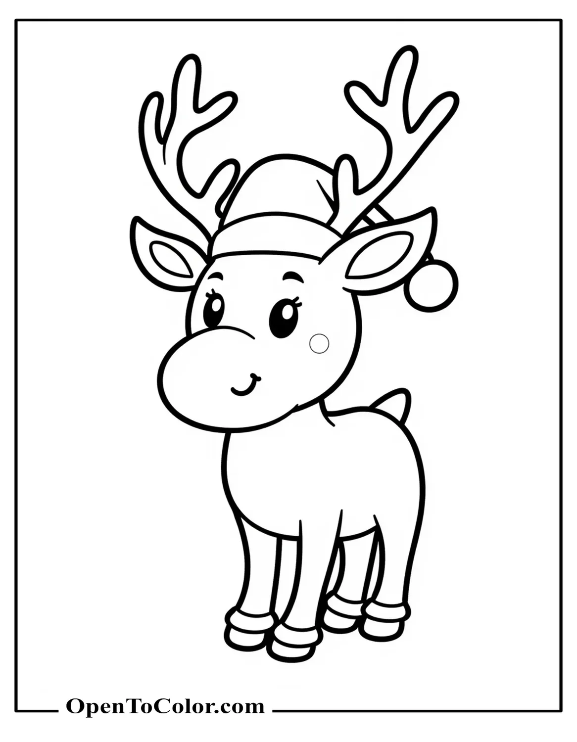 Reindeer Wearing A Santa Hat, Hat Tip Drooping Over Antler, Coloring Sheet PDF