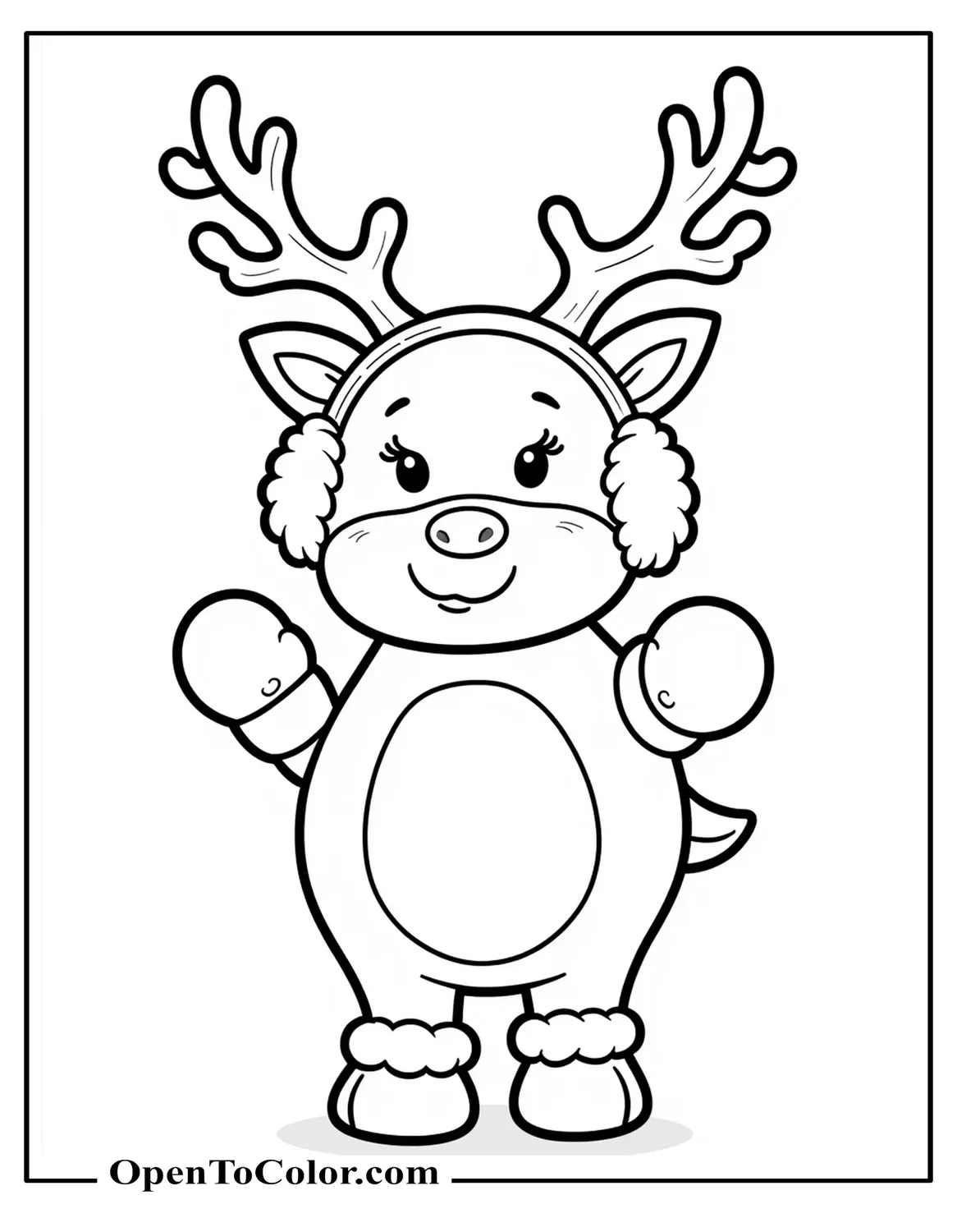 Free Coloring Sheet of Reindeer Wearing Earmuffs and Mittens, Puff of Breath in Cold Air