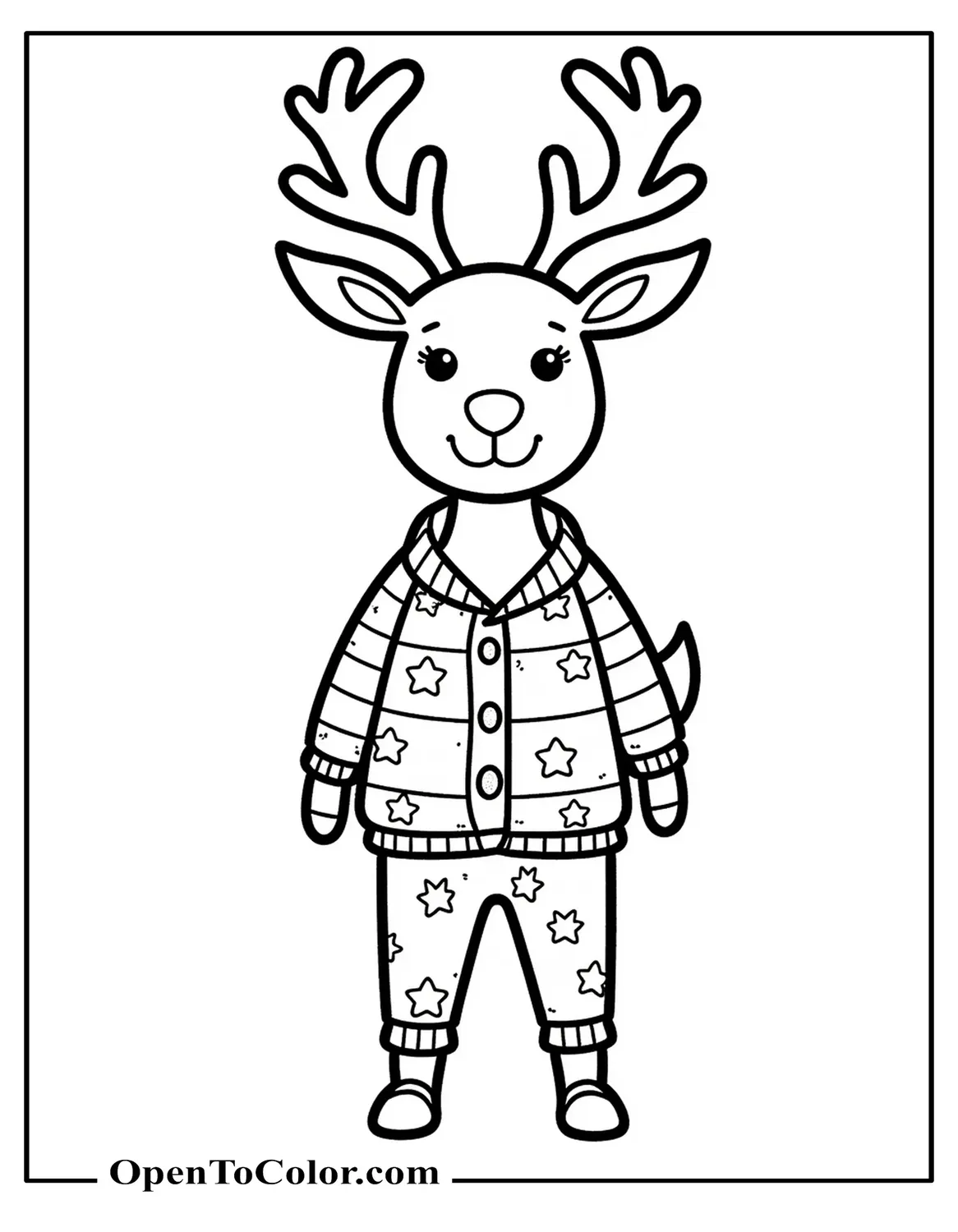 Printable Coloring Page of Reindeer in Patterned Holiday Pajamas, Button Flap and Stars