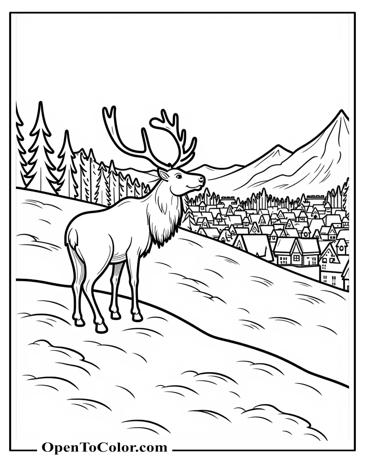 Free Coloring Sheet: Reindeer on a Hill with a Winter Village in the Distance
