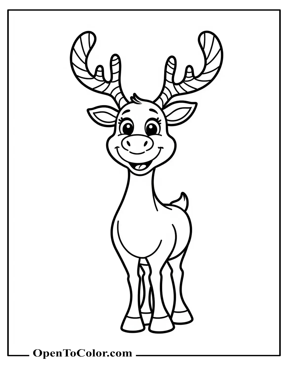 Reindeer With Candy Cane Shaped Antlers, Striped Pattern, Grinning, Coloring Sheet PDF