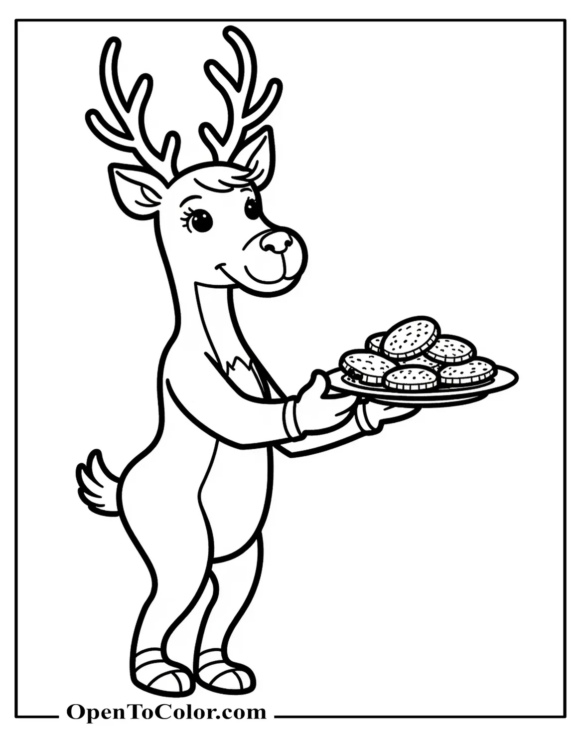 Reindeer Presenting A Plate Of Free Christmas Cookies Coloring Page, Crumbs On Edge