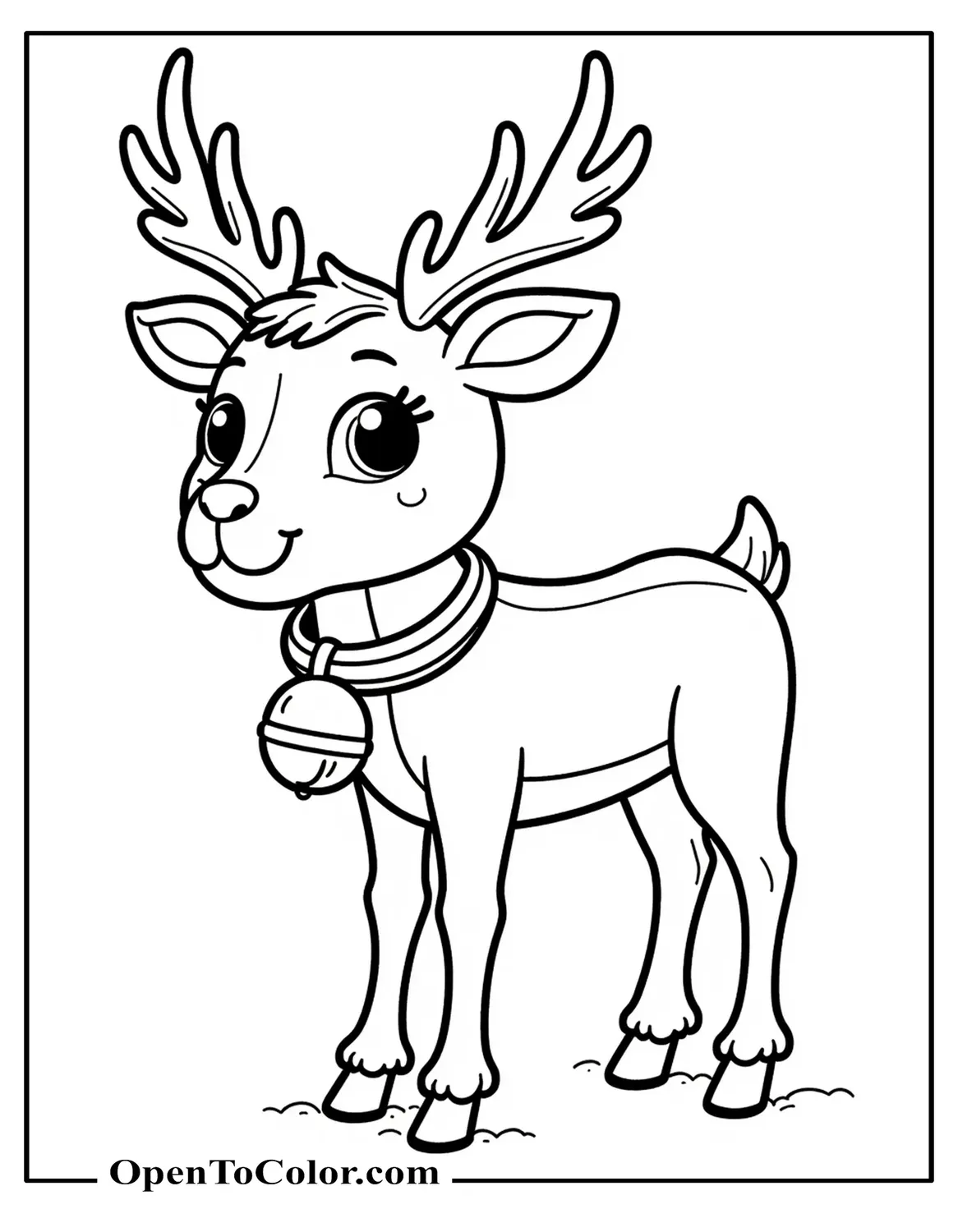 Free Coloring Page of Reindeer with Jingle Bells Around Neck, Bell Strap Detail, Light Snow