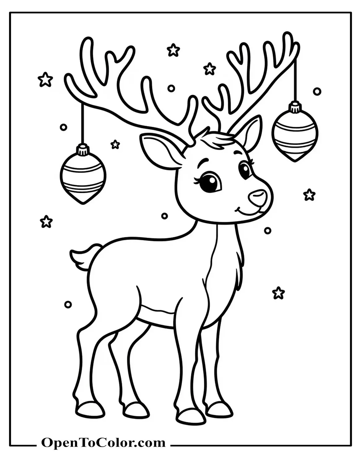 Printable Coloring Sheet of Reindeer With Two Ornaments Dangling From Antlers, Starry Night Sky