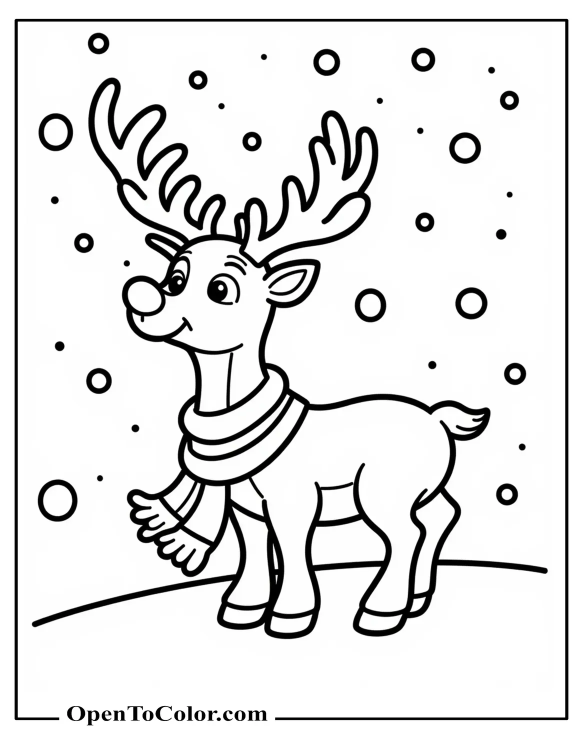Free Coloring Page: Rudolph with Big Round Nose and Scarf, Looking Up at Falling Snow