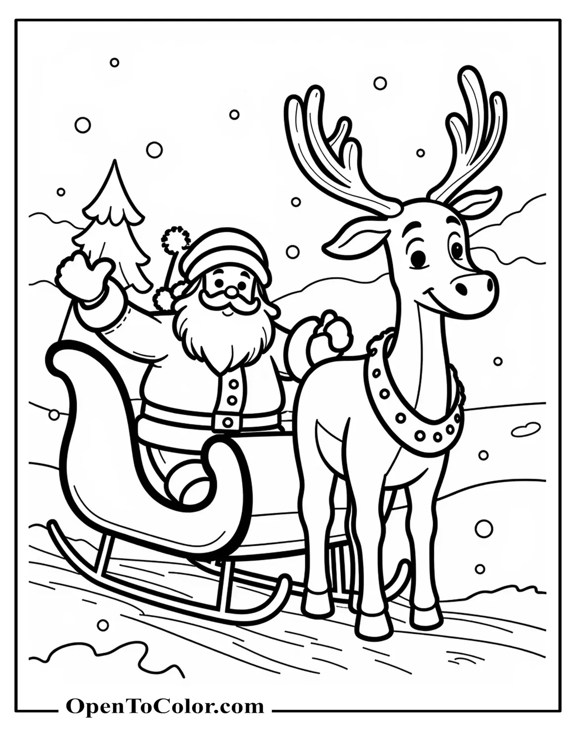 Santa waving beside a reindeer, printable coloring sheet, sleigh runners peeking behind them