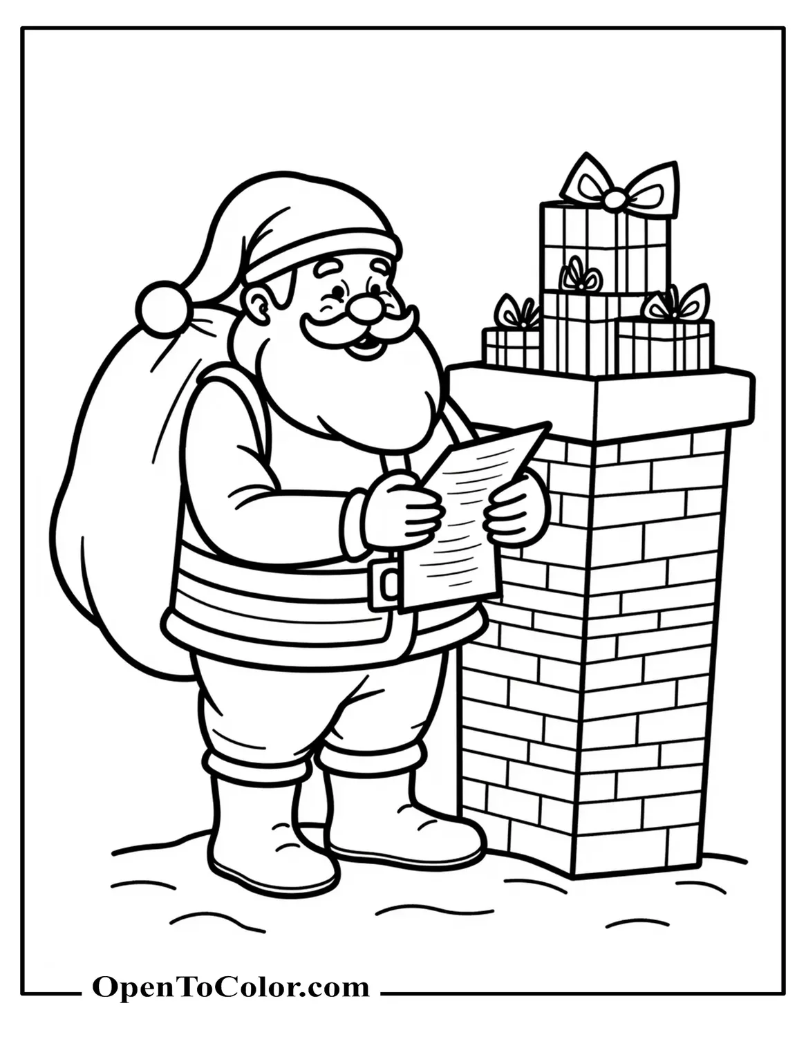 Free Coloring Page of Santa Checking a List Beside a Sack of Toys, Chimney Top Behind