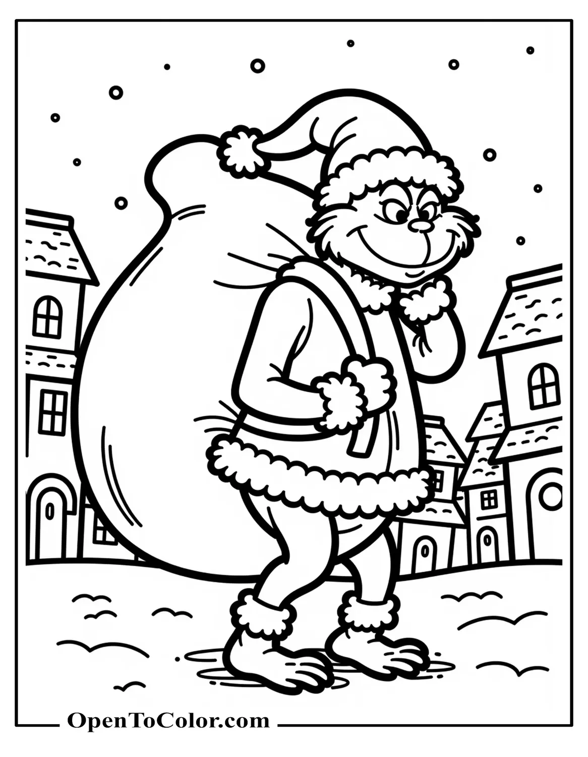 Free Coloring Sheet Of Grinch Dressed As Santa Carrying A Big Toy Sack Over His Shoulder With A Simple Snowy Village Behind