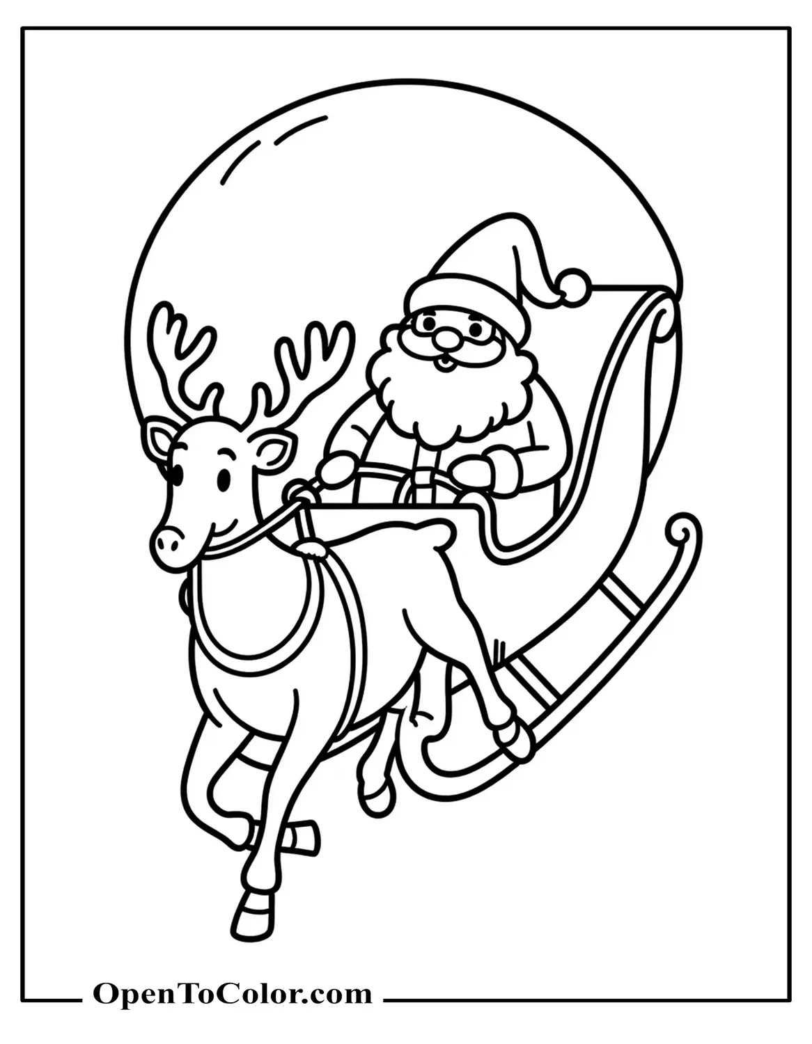 Free Coloring Page: Santa’s Sleigh Front View with One Reindeer in Traces, Moon Behind