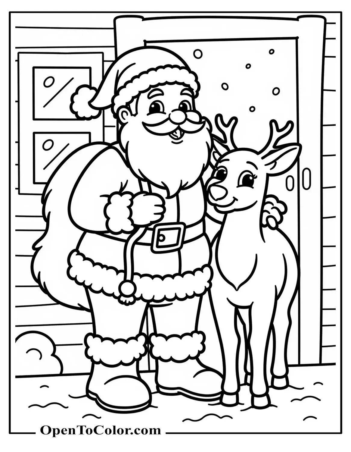 Free Coloring Page: Santa Holding Reins, Reindeer Nudging His Glove, Workshop Doorway Behind