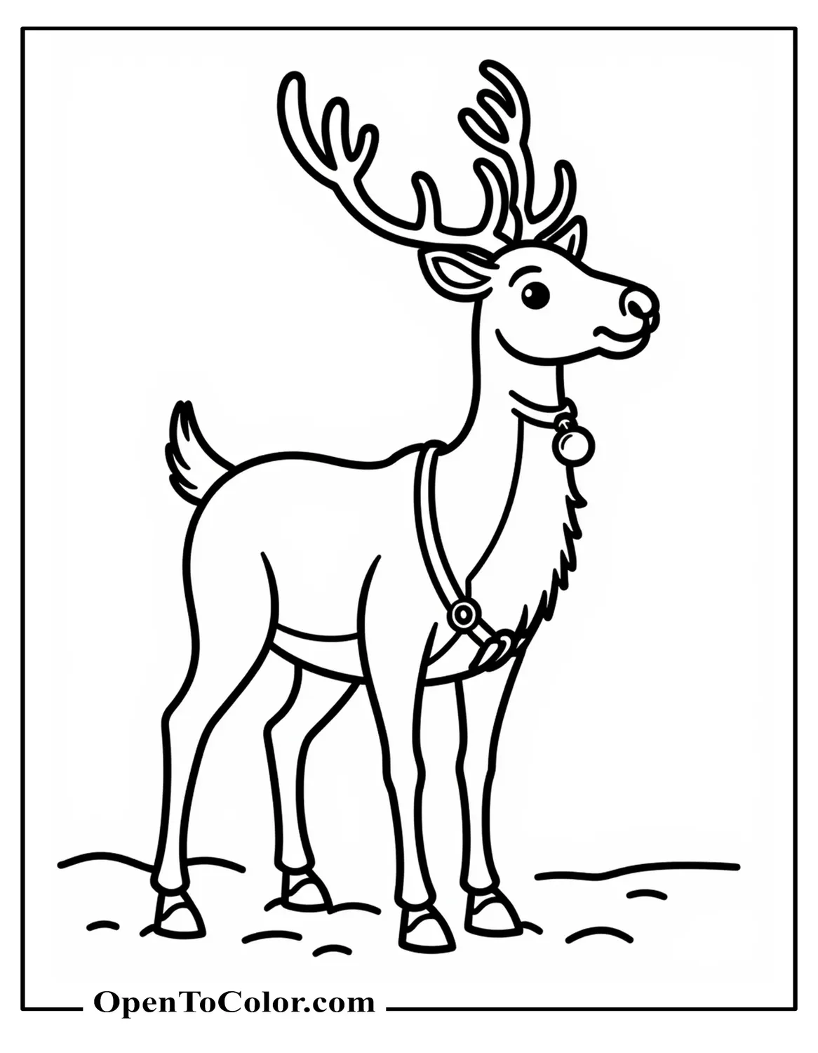 Free Coloring Sheet of Santa’s Reindeer Standing Alert, Harness Bells Visible, Sleigh Hitch Post Behind