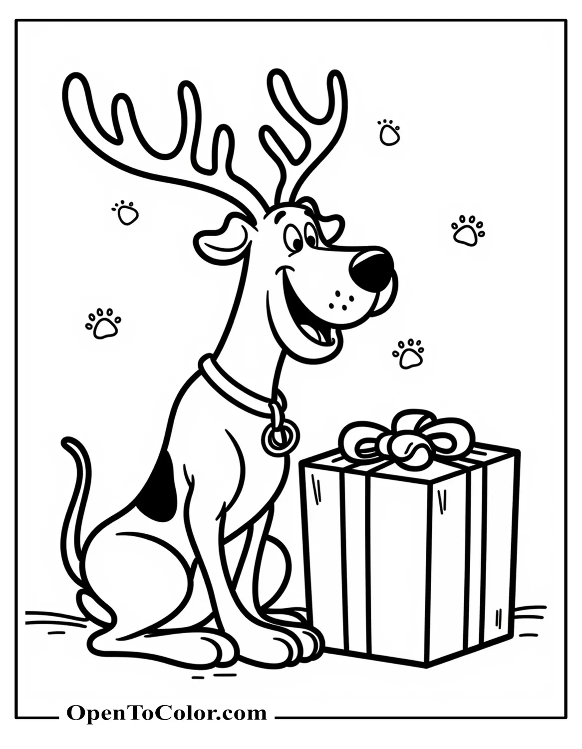 Scooby Doo Wearing Reindeer Antlers Sniffing A Gift, Coloring Page PDF, Paw Prints