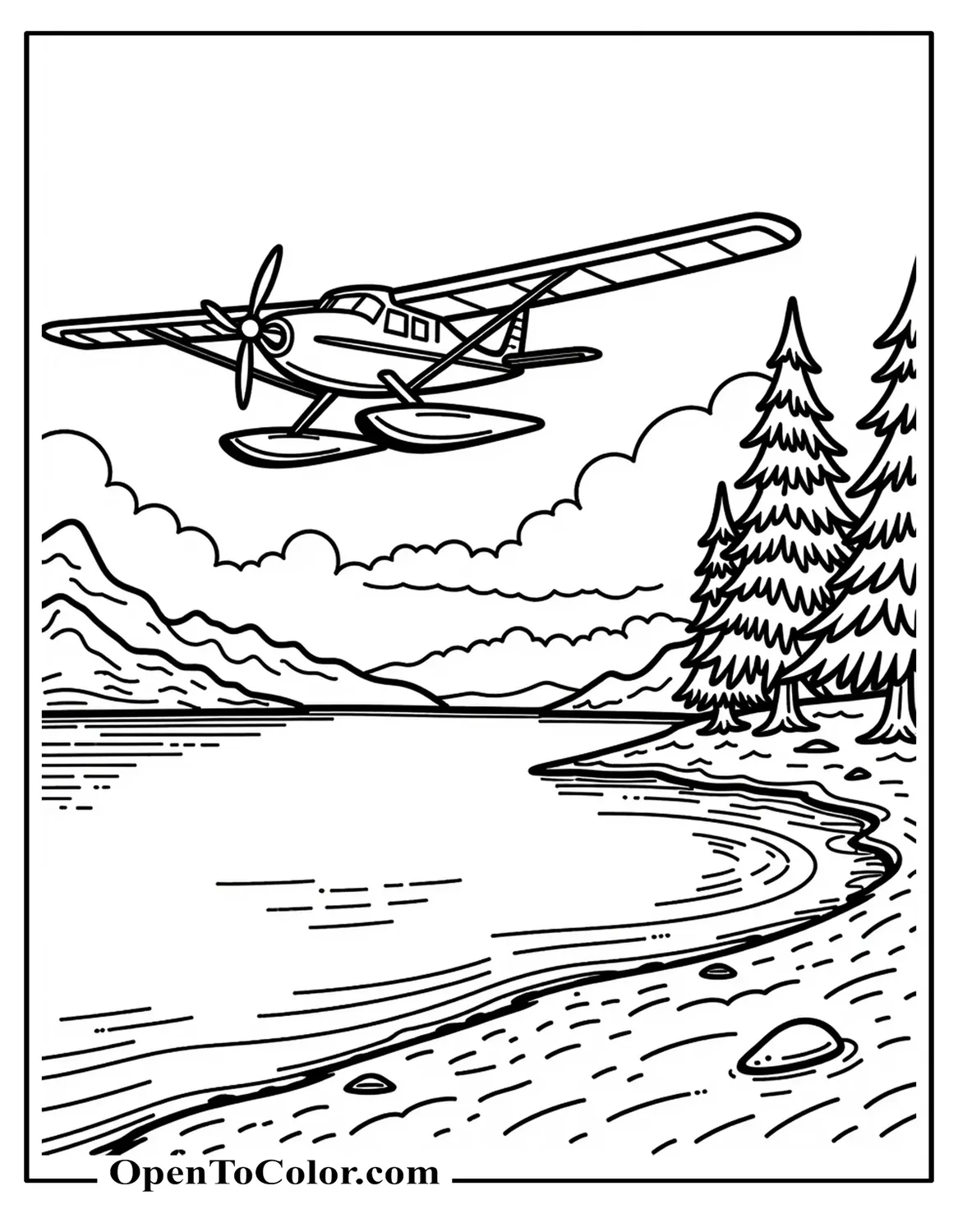 Free Coloring Sheet: Seaplane Taking Off From a Lake With Pine Trees on the Shore