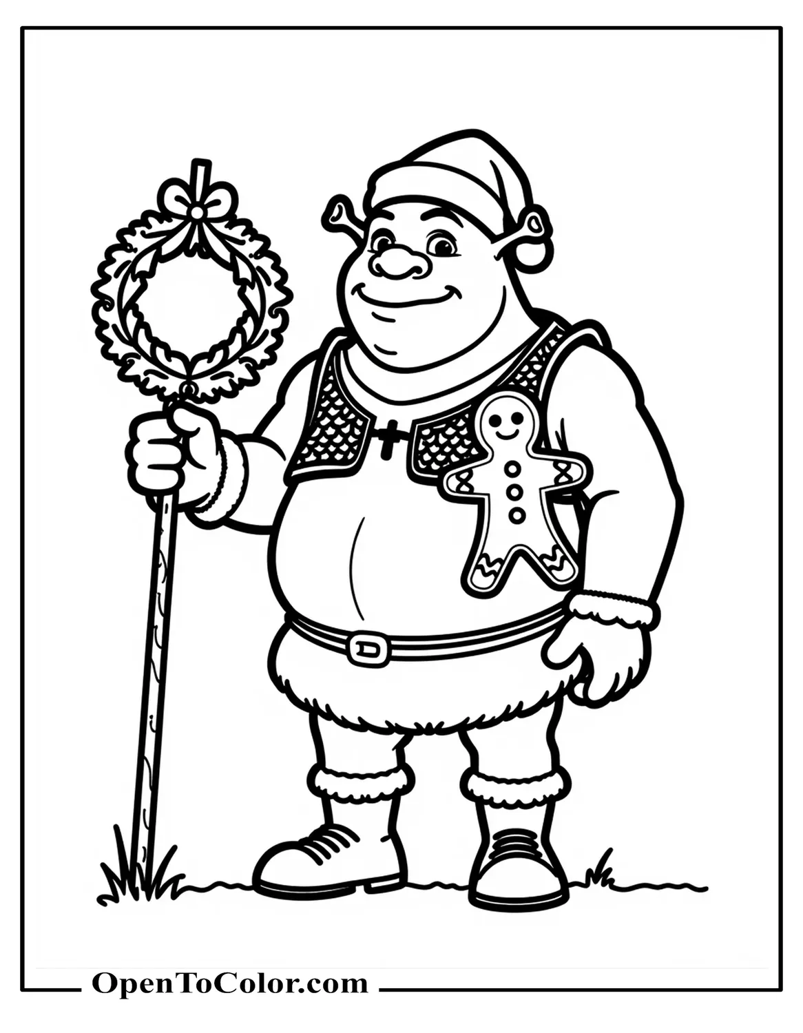 Shrek wearing a Santa hat holding a gingerbread man, swamp sign with wreath, coloring page PDF.