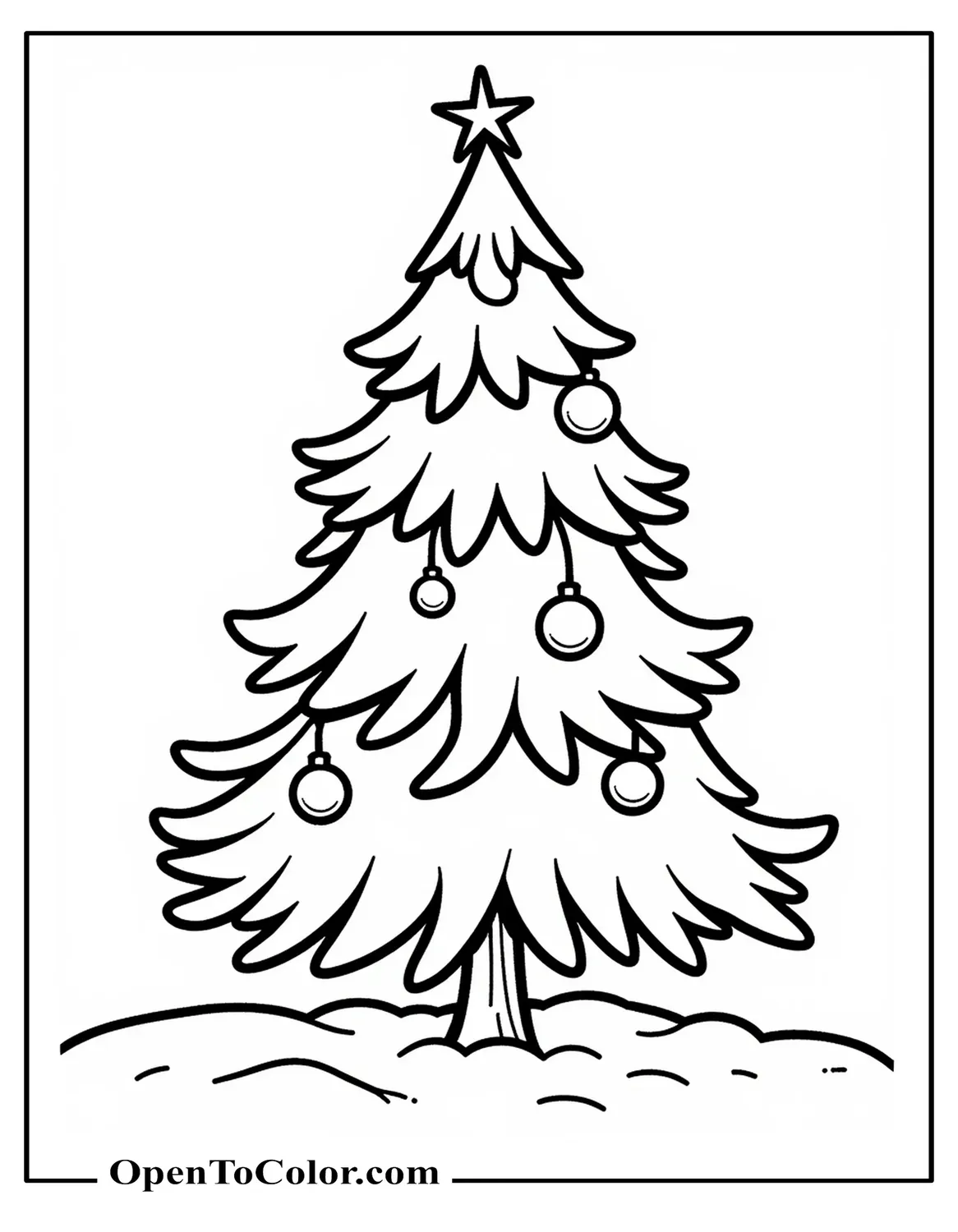 Free Coloring Sheet of a Single Evergreen Tree with a Few Round Ornaments, Snow on Branches
