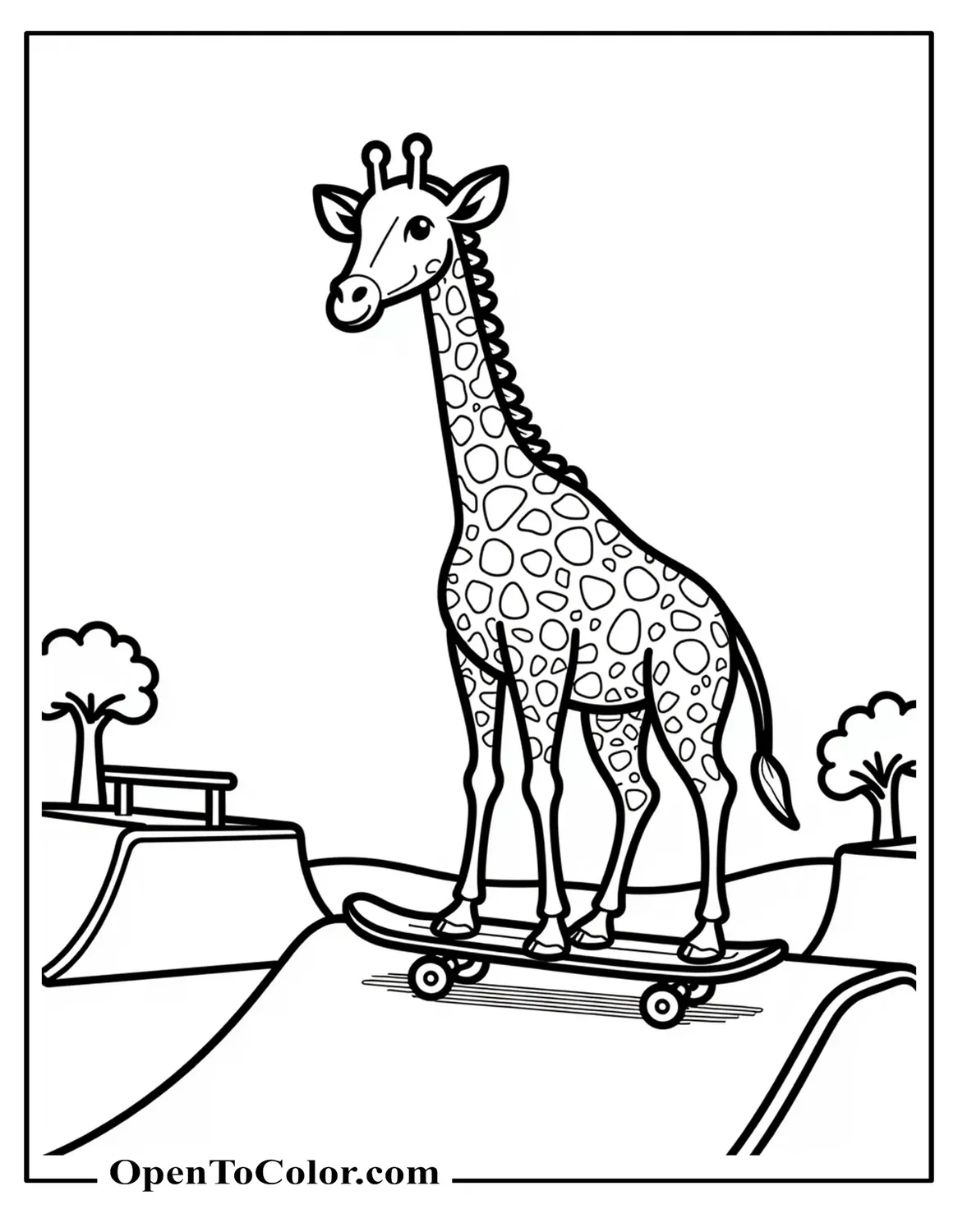 Giraffe Riding A Skateboard Down A Ramp At A Skate Park, A Few Simple Ramps And Rails In Background, Coloring Page PDF