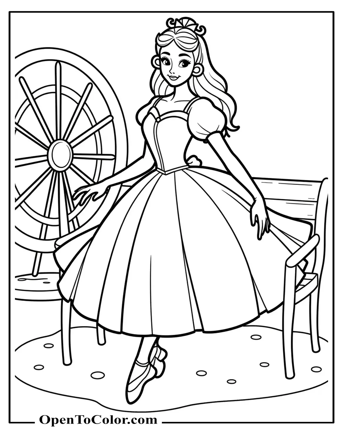 Princess Ballerina Coloring Page PDF From The Sleeping Beauty Story Resting On A Bench In Tutu With A Spinning Wheel In The Background