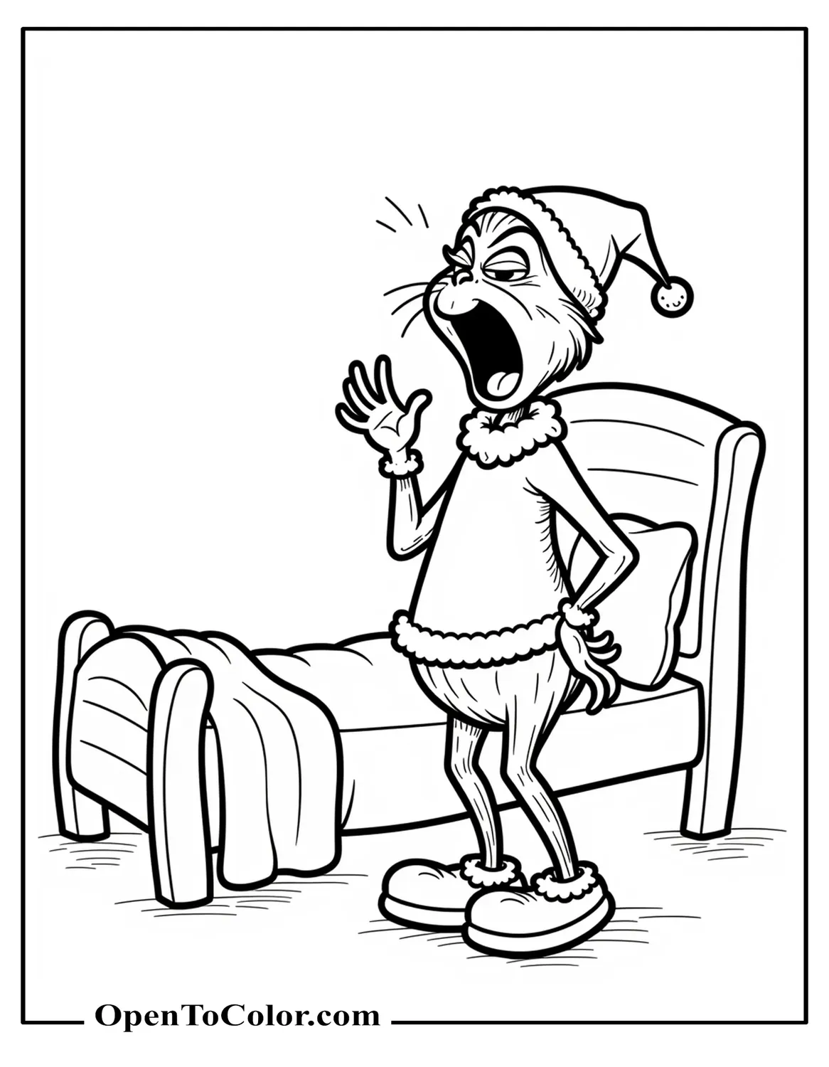 Free Grinch in a nightcap and slippers yawning, standing next to a simple bed with a blanket slightly pulled back coloring sheet.