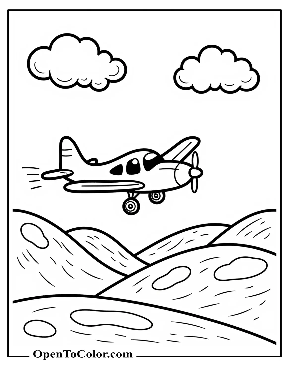 Free coloring page of a tiny cartoon airplane puttering above rolling hills with two puffy clouds.