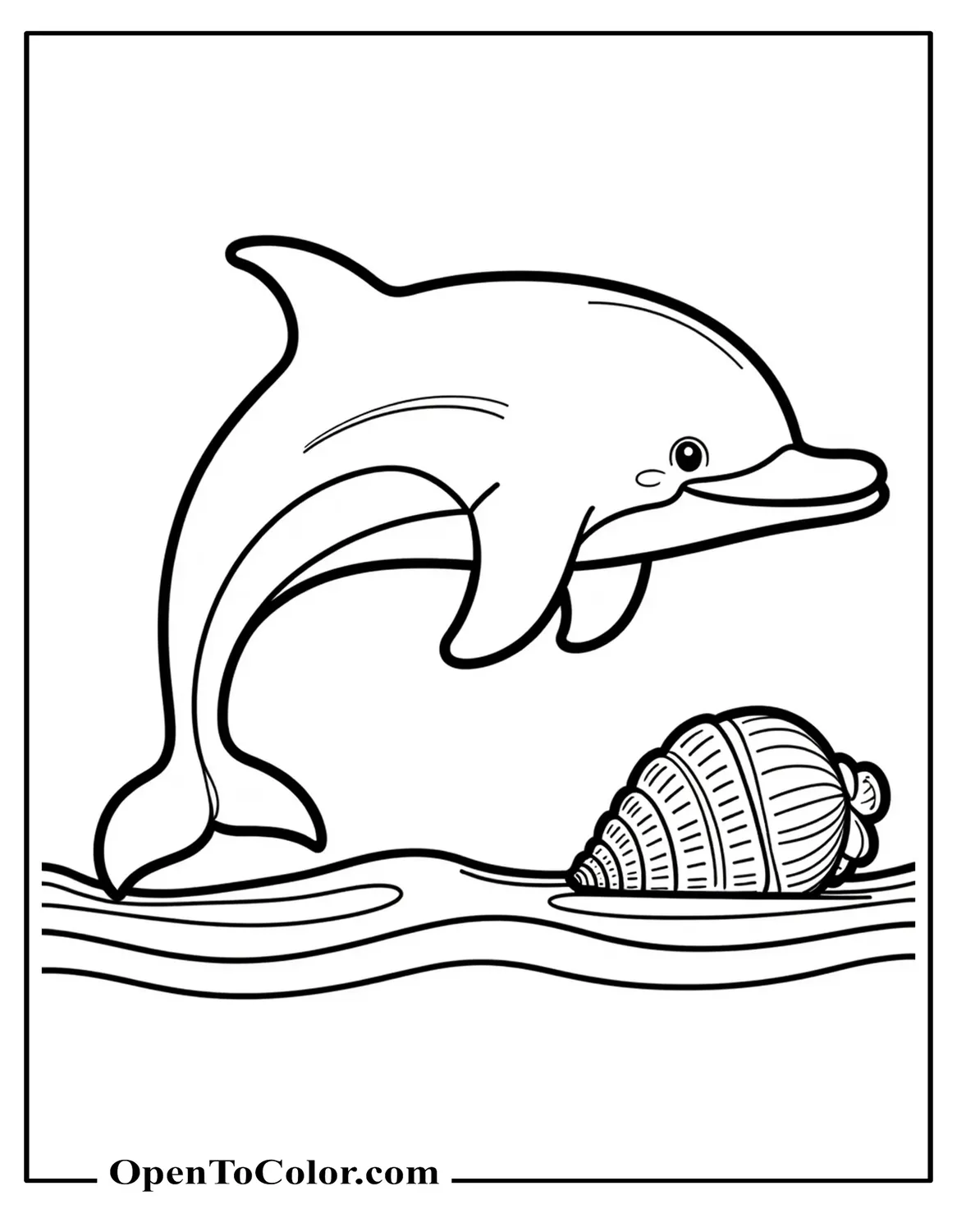 Free Coloring Sheet of a Small Dolphin Jumping Over a Single Big Shell