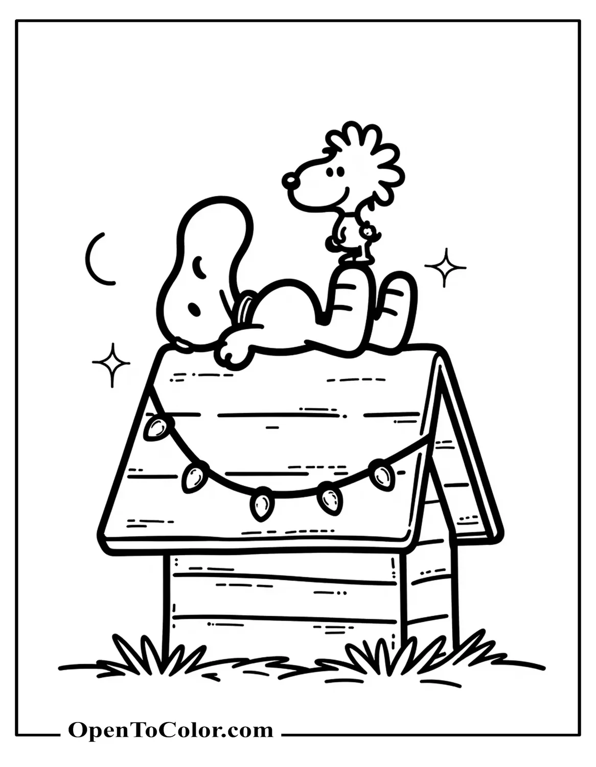 Free Coloring Page: Snoopy Asleep on Top of a Doghouse Wrapped in Lights, Woodstock Perched on a Light