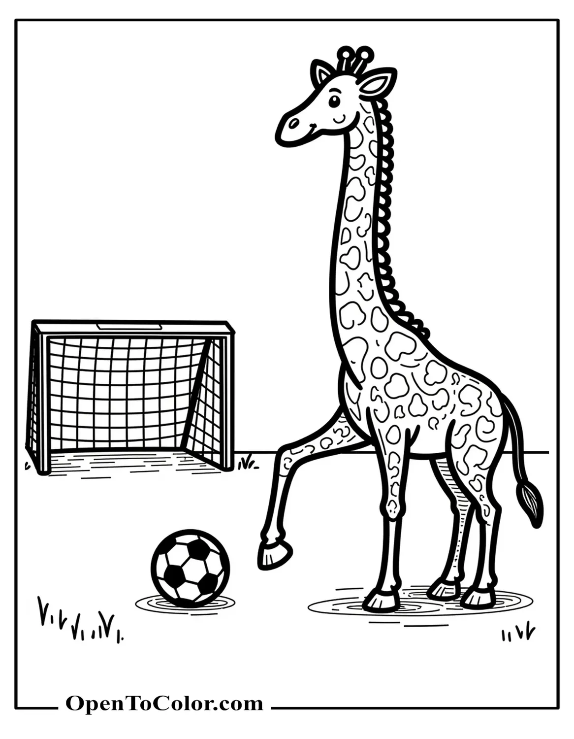 Free Coloring Page: Giraffe Kicking a Soccer Ball Toward a Goal, Simple Goal Net and a Few Lines Suggesting a Field