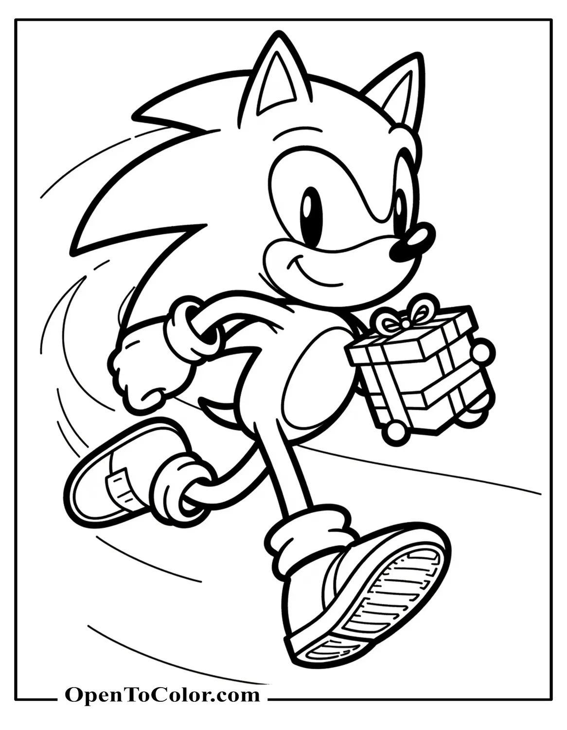 Sonic Running With A Gift Under One Arm, Snow Trail Behind, Action Pose, Coloring Sheet PDF