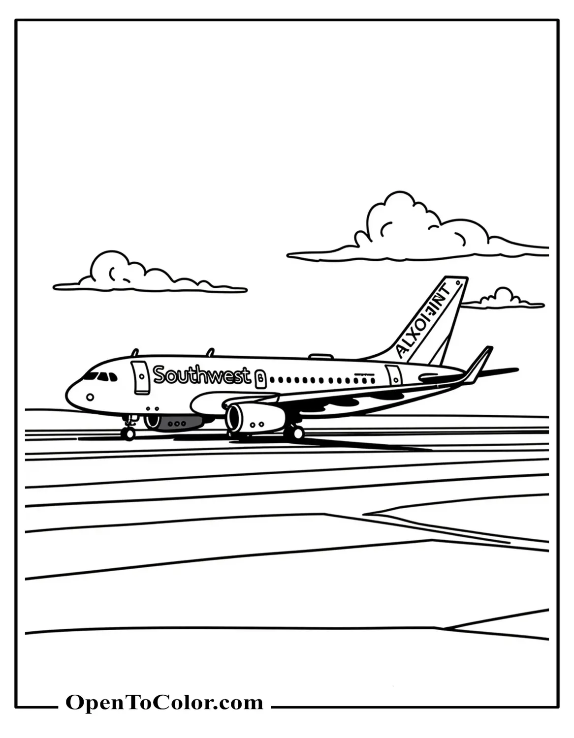 Free Coloring Sheet of Passenger Airplane With Southwest Style Logo on Tail Taxiing on Airport Ground