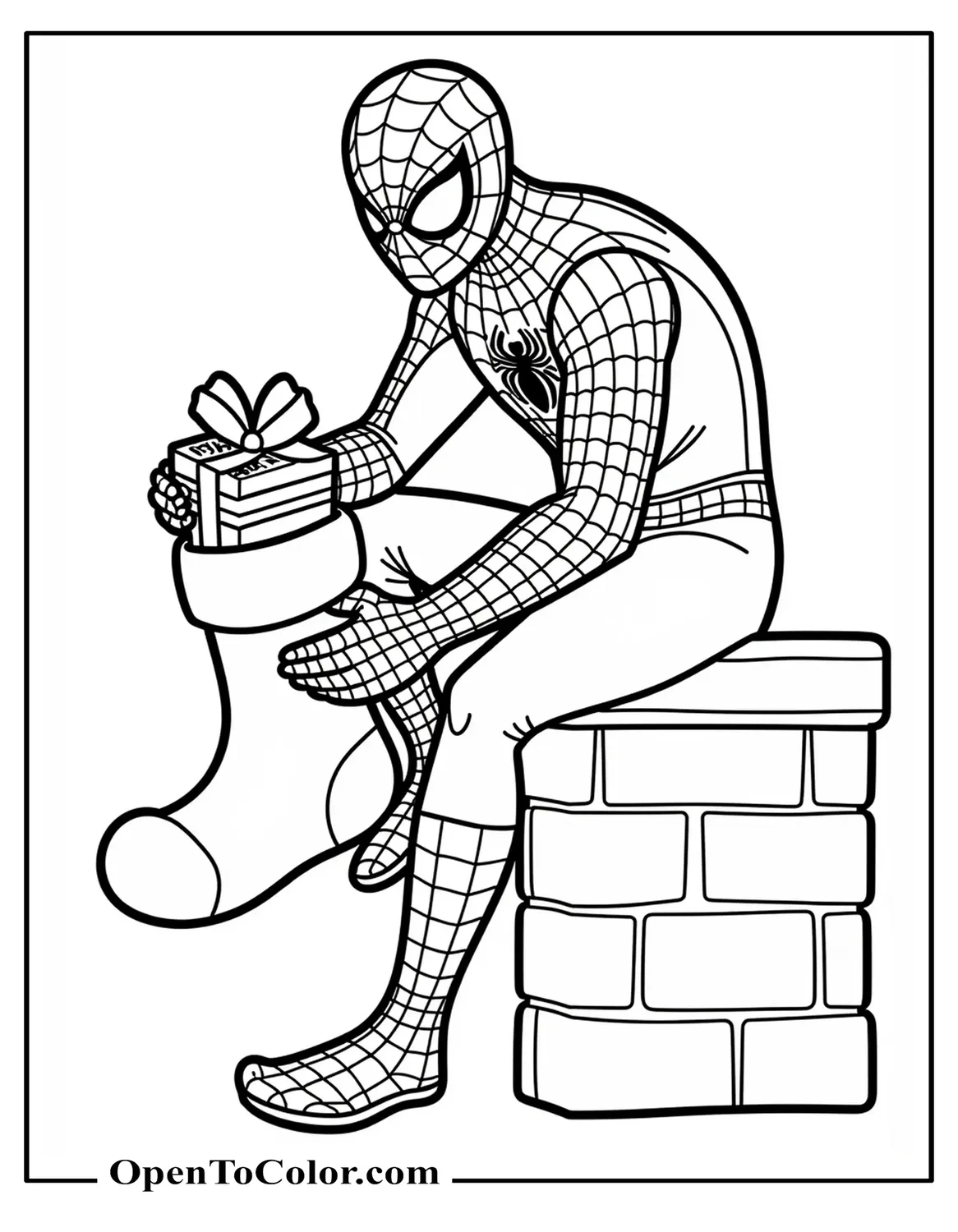 Spider-Man Perched On A Chimney Placing A Gift In A Stocking Coloring Page PDF