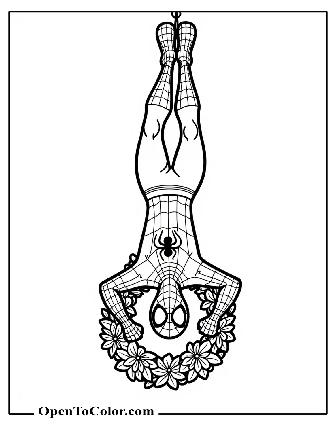 Spider-Man Hanging Upside Down From A Web, Holding A Wreath, Comic Book Style, Coloring Sheet PDF