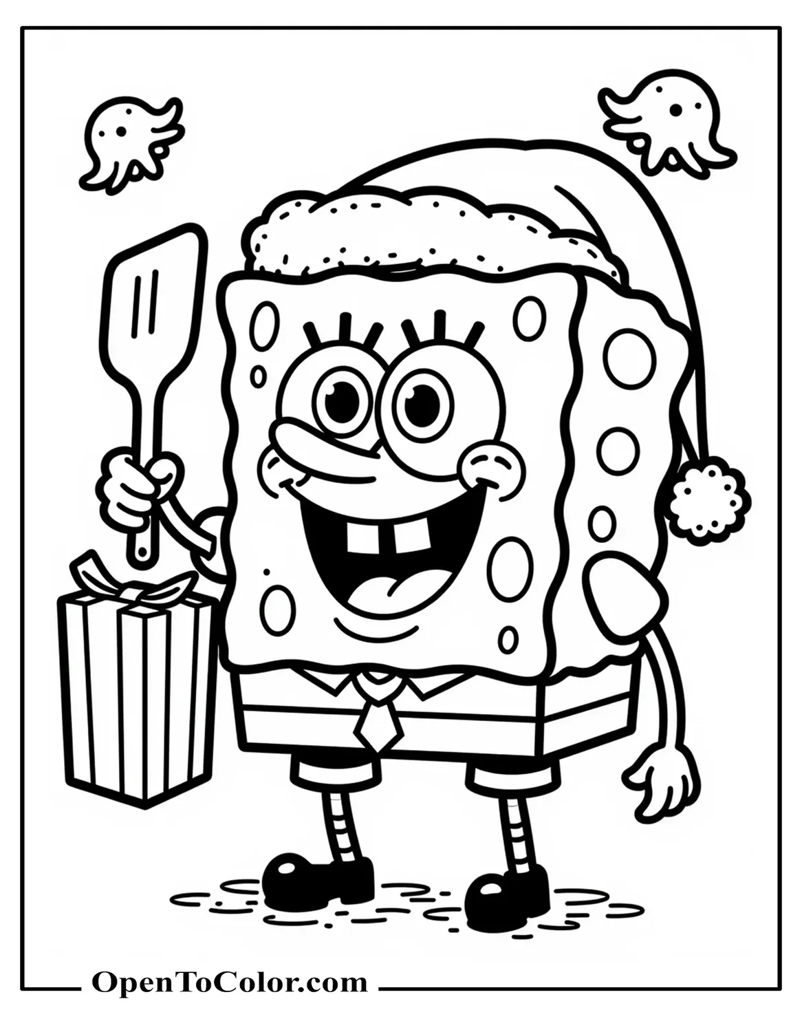 Spongebob wearing a Santa hat holding a spatula gift, jellyfish float behind, printable coloring page.