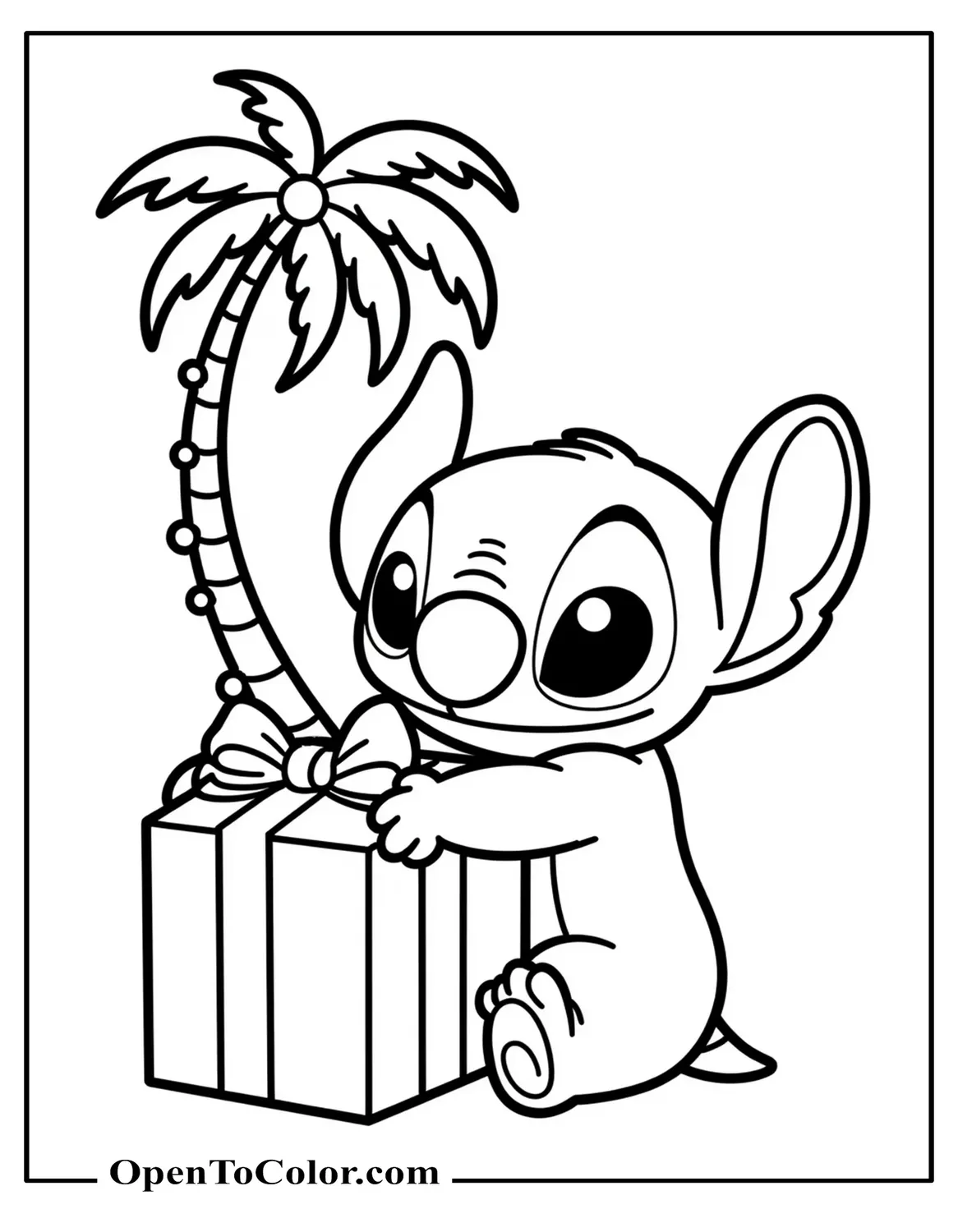 Stitch hugging a present with a bow, palm tree with lights behind, coloring sheet PDF.