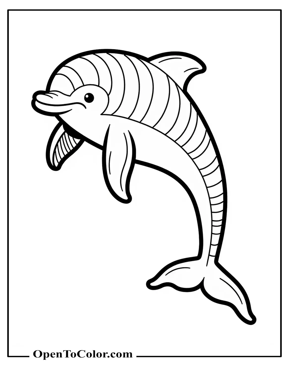 Striped Dolphin Swimming Forward With Several Long Stripe Guides Along Its Body Coloring Sheet PDF