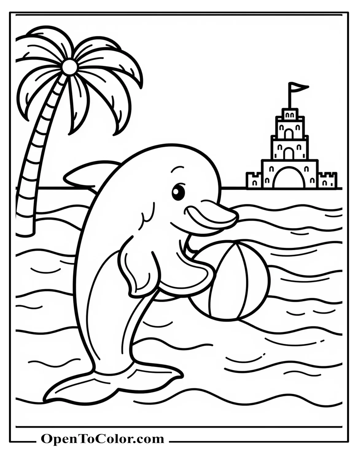 Dolphin playing with a beach ball near a palm tree and a sandcastle coloring sheet PDF