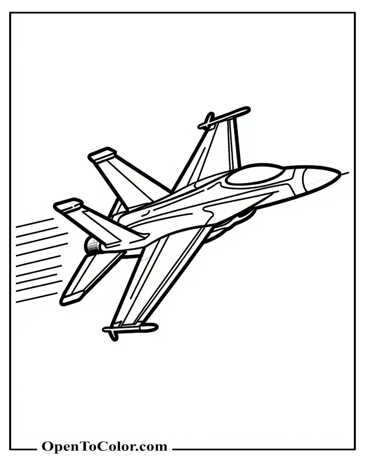 Super Hornet F18 jet swooping down with wings angled and afterburner trail, coloring page PDF.