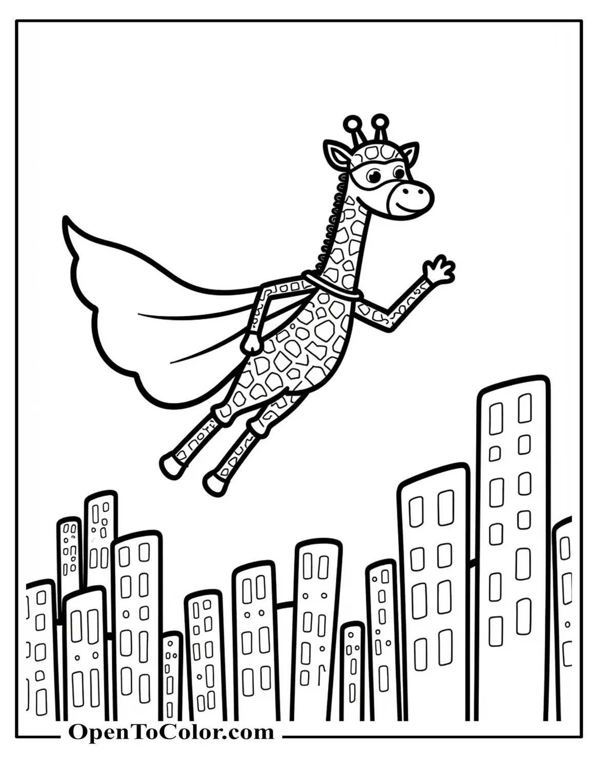 Free Coloring Page: Giraffe in Superhero Cape and Mask Flying Above Simple City Buildings, One Arm Stretched Forward, Comic Style