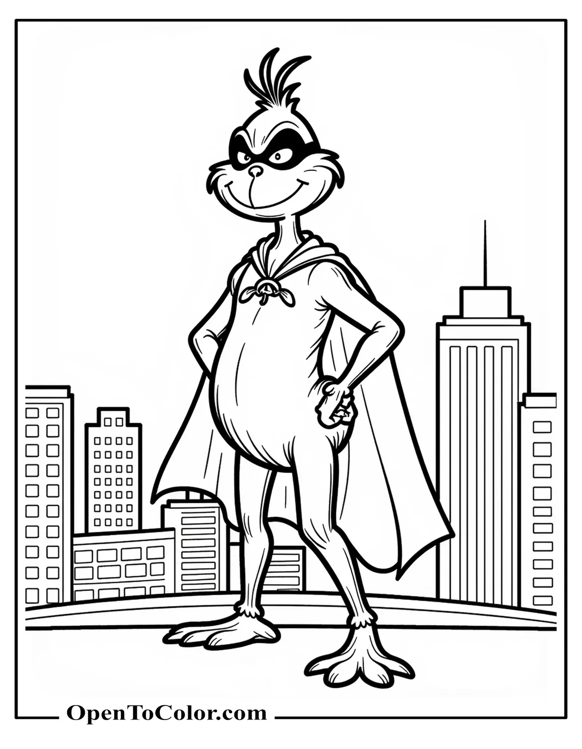 Free Coloring Sheet of Grinch in a Superhero Cape and Mask, Standing on a Rooftop with a Simple City Skyline Behind Him in Comic Style