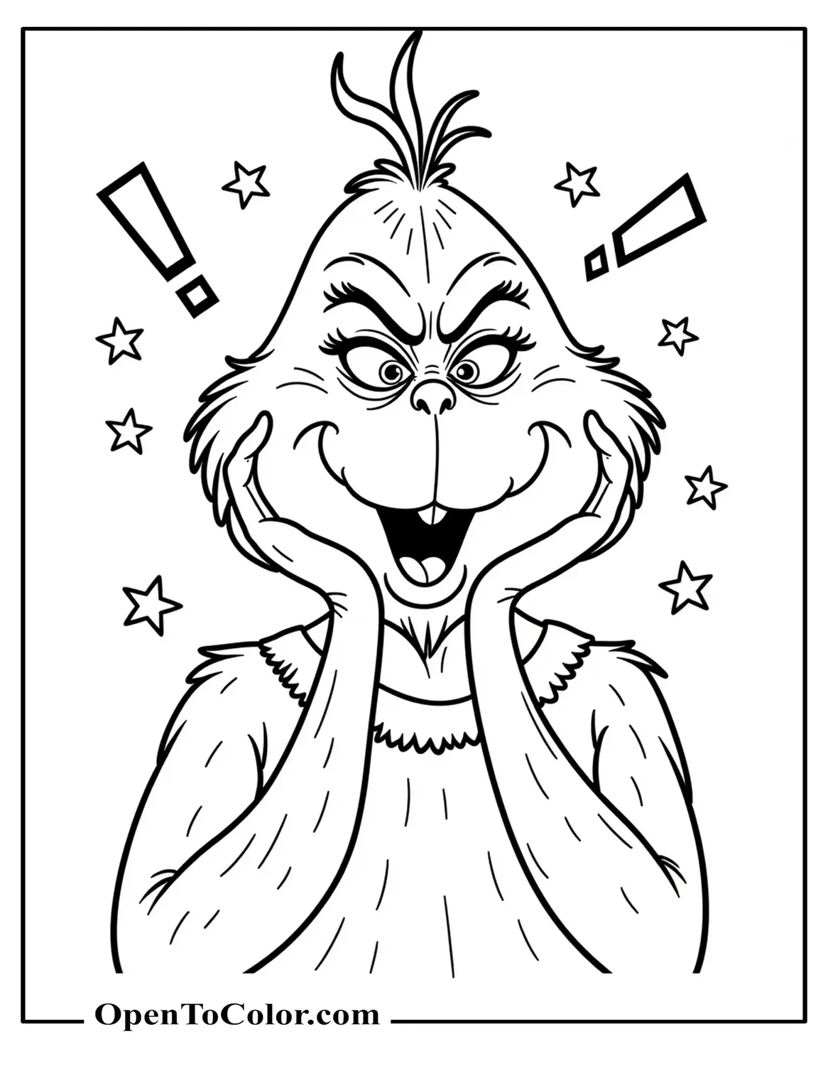 Free Grinch Coloring Sheet with Wide Eyes and Open Mouth, Hands on Cheeks, a Few Exclamation Marks and Simple Stars Around His Head