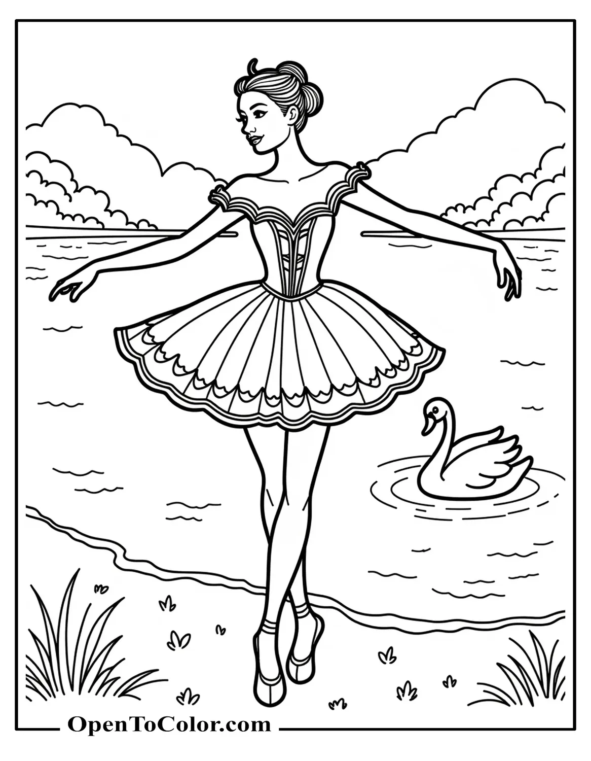 Free Coloring Sheet of a Realistic Ballerina Dressed as the Swan Queen, Arms Curved Like Wings Beside a Calm Lake with a Single Swan