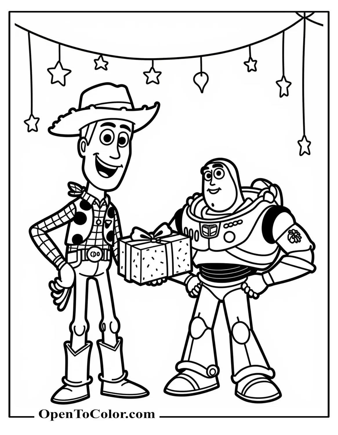 Free Coloring Sheet: Woody Holding a Wrapped Toy, Buzz with a Tiny Bow, Star Garland Above