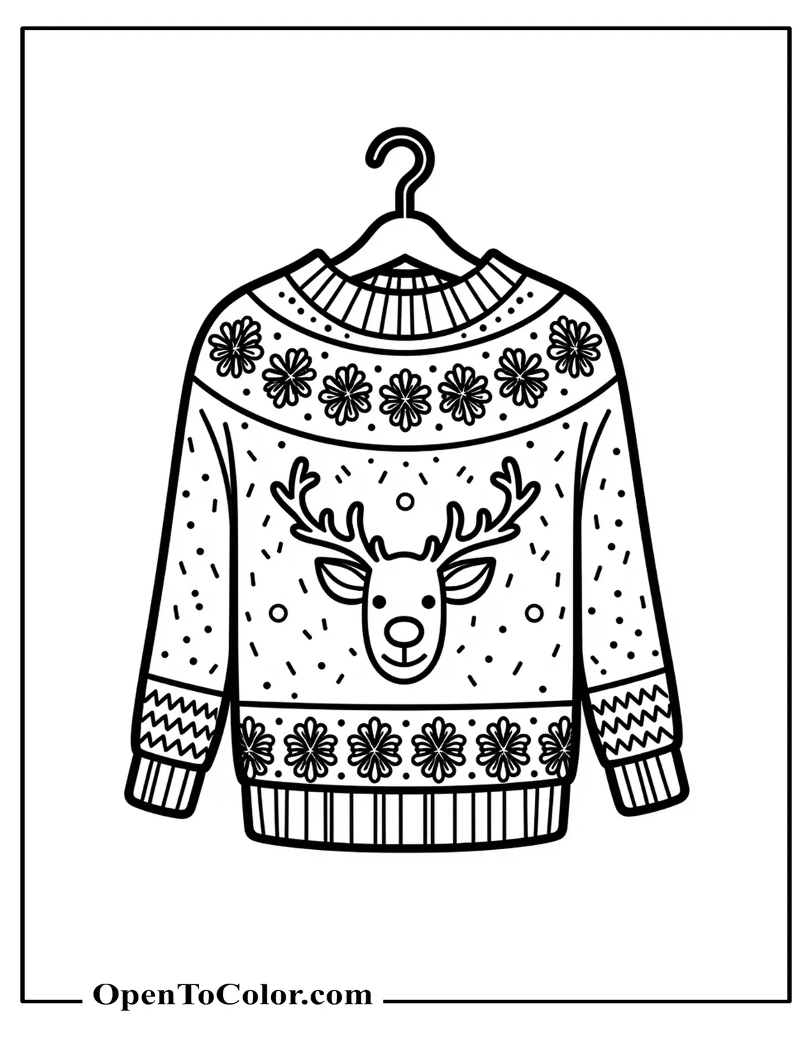 Printable Coloring Page of an Ugly Sweater on a Hanger with Reindeer and Snowflake Patterns, Bold Collar