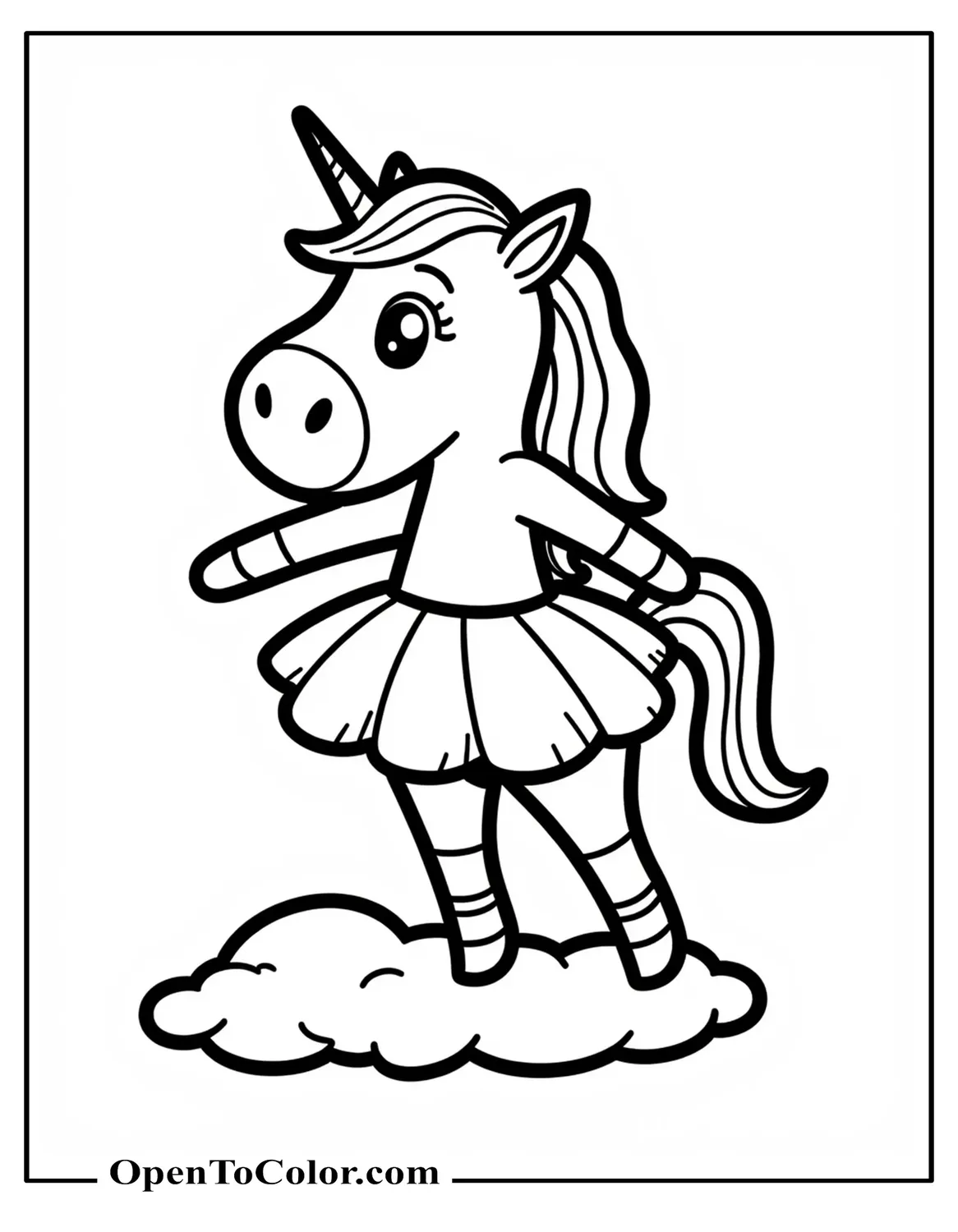 Cartoon unicorn coloring sheet in a PDF standing on two legs wearing a tutu and ballet slippers, performing on a small cloud stage.