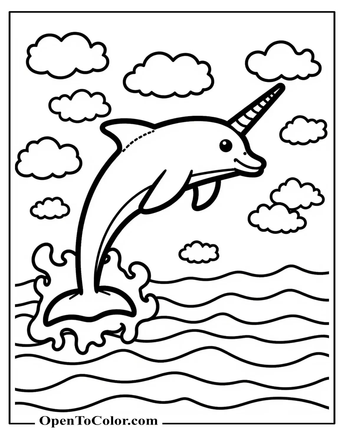 Printable coloring page of a dolphin with a unicorn horn jumping through clouds above the ocean.