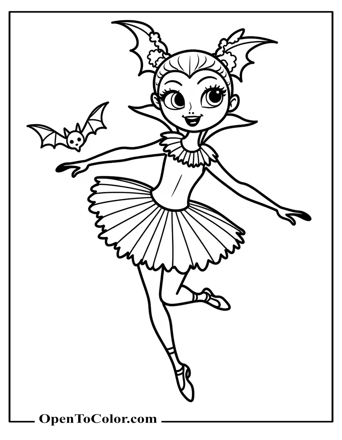 Vampirina in a tutu doing a spooky ballet pose with a small bat floating nearby, printable coloring sheet.