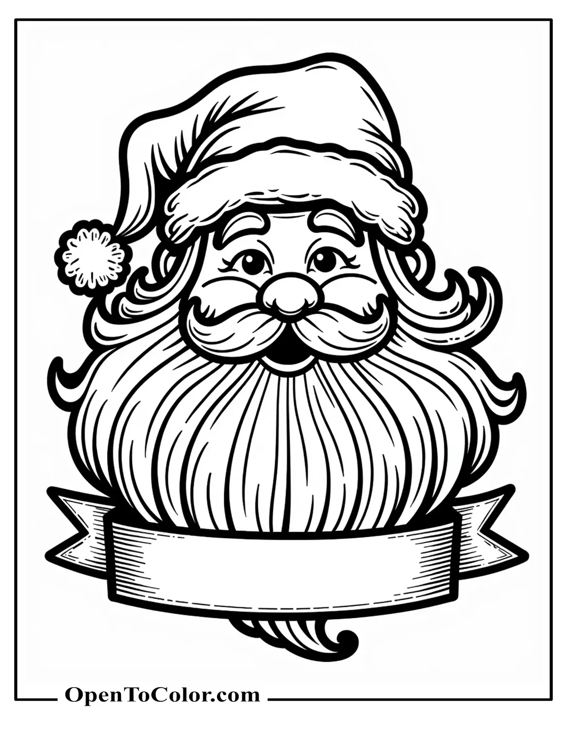 Free Coloring Page of Retro Santa Face with Curly Beard Scrollwork, Vintage Banner Below