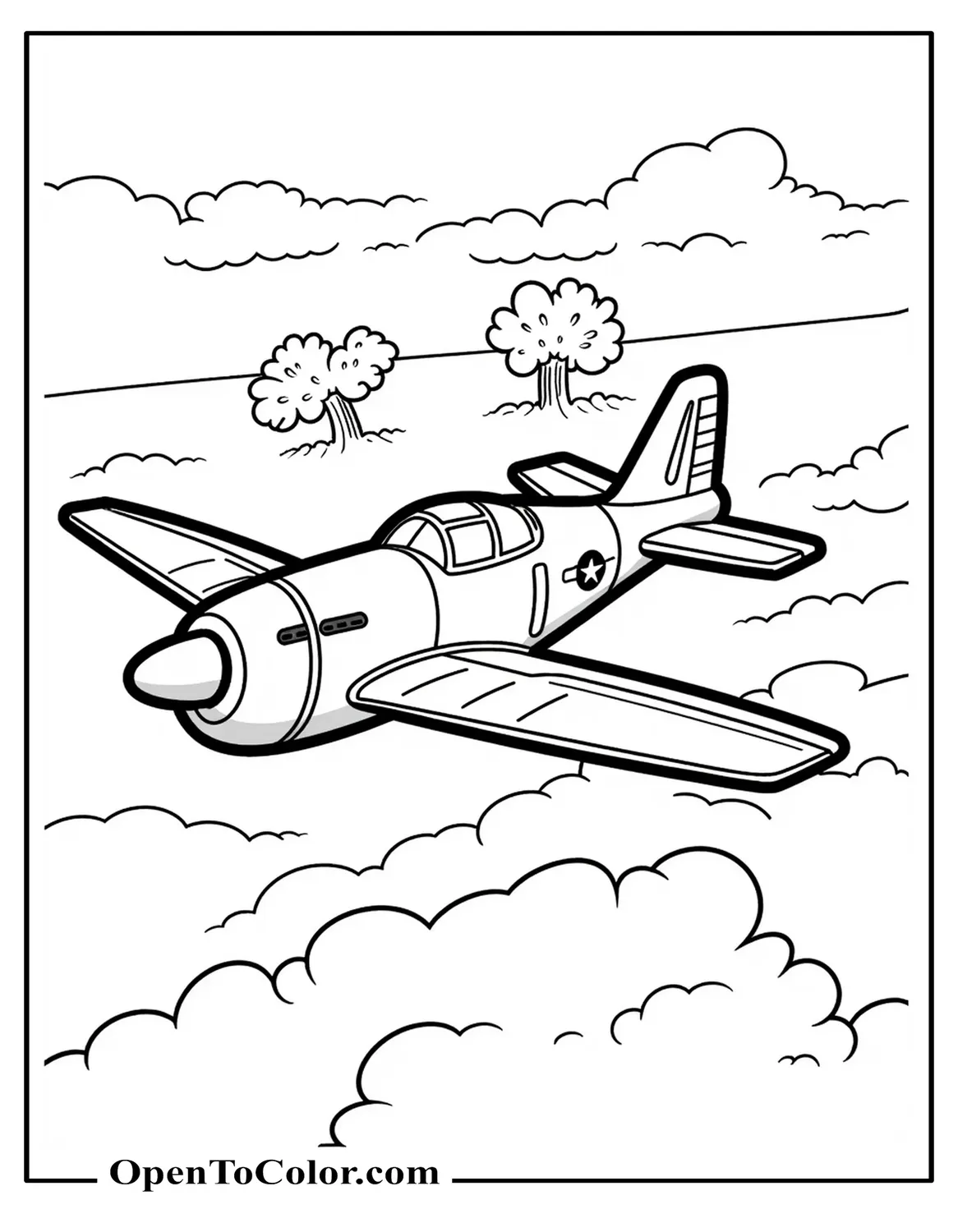 Free Coloring Sheet of a War Plane Flying Through the Sky with Two Simple Explosions in the Distance
