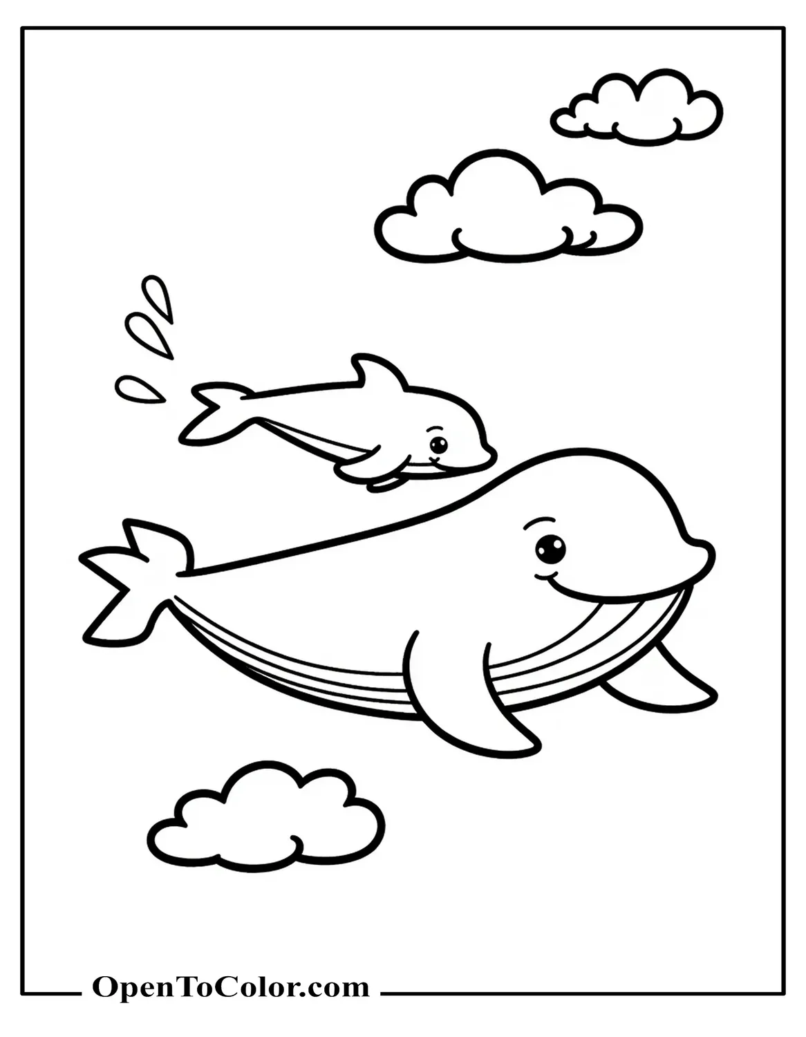 Large whale and small dolphin coloring sheet swimming together with a few clouds above, printable.