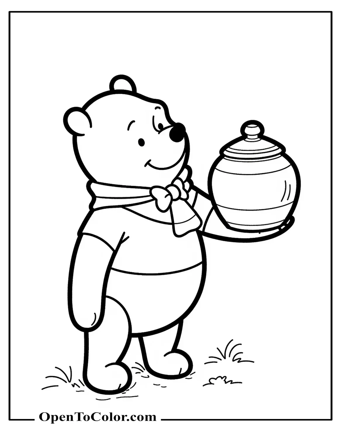 Printable coloring sheet of Winnie the Pooh holding a honey pot with a bow, scarf around neck.