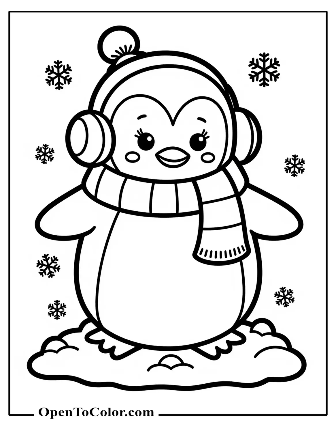 Winter Penguin Wearing Earmuffs Standing In A Snow Coloring Page PDF