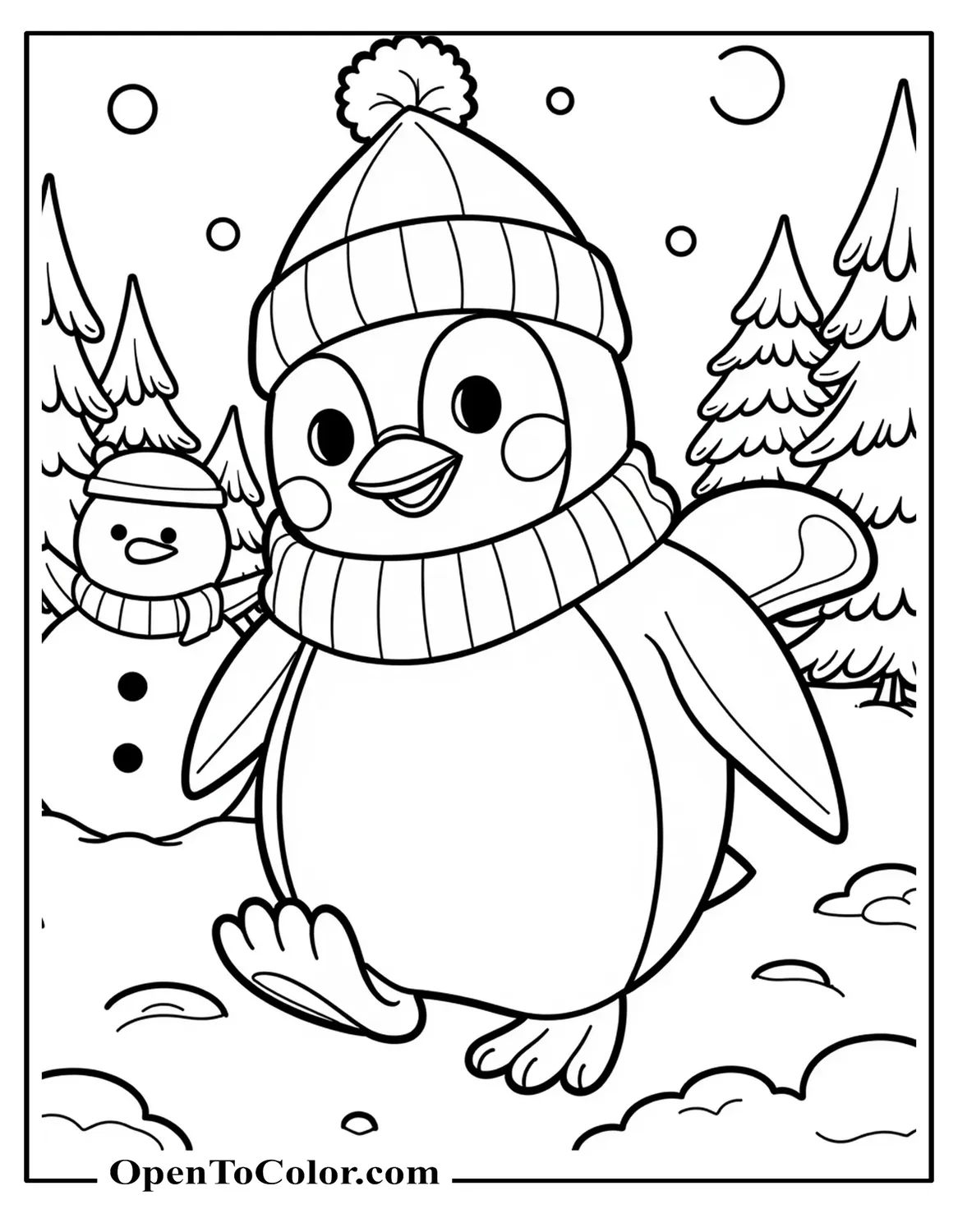 Free Winter Penguin Coloring Sheet With Snowman And Pine Trees In Background